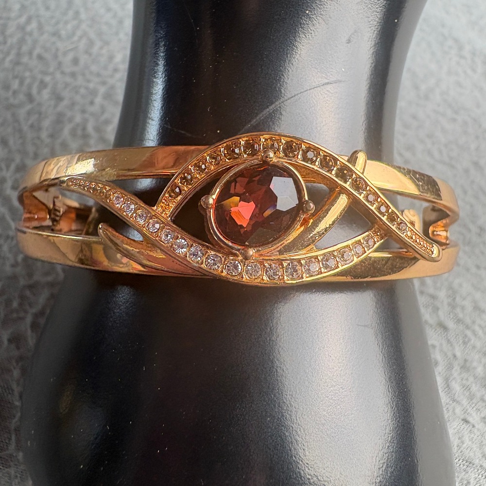 Rose Gold Tone Evil Eye Hinged Bangle Bracelet Purple Rhinestone Crystal Accent
